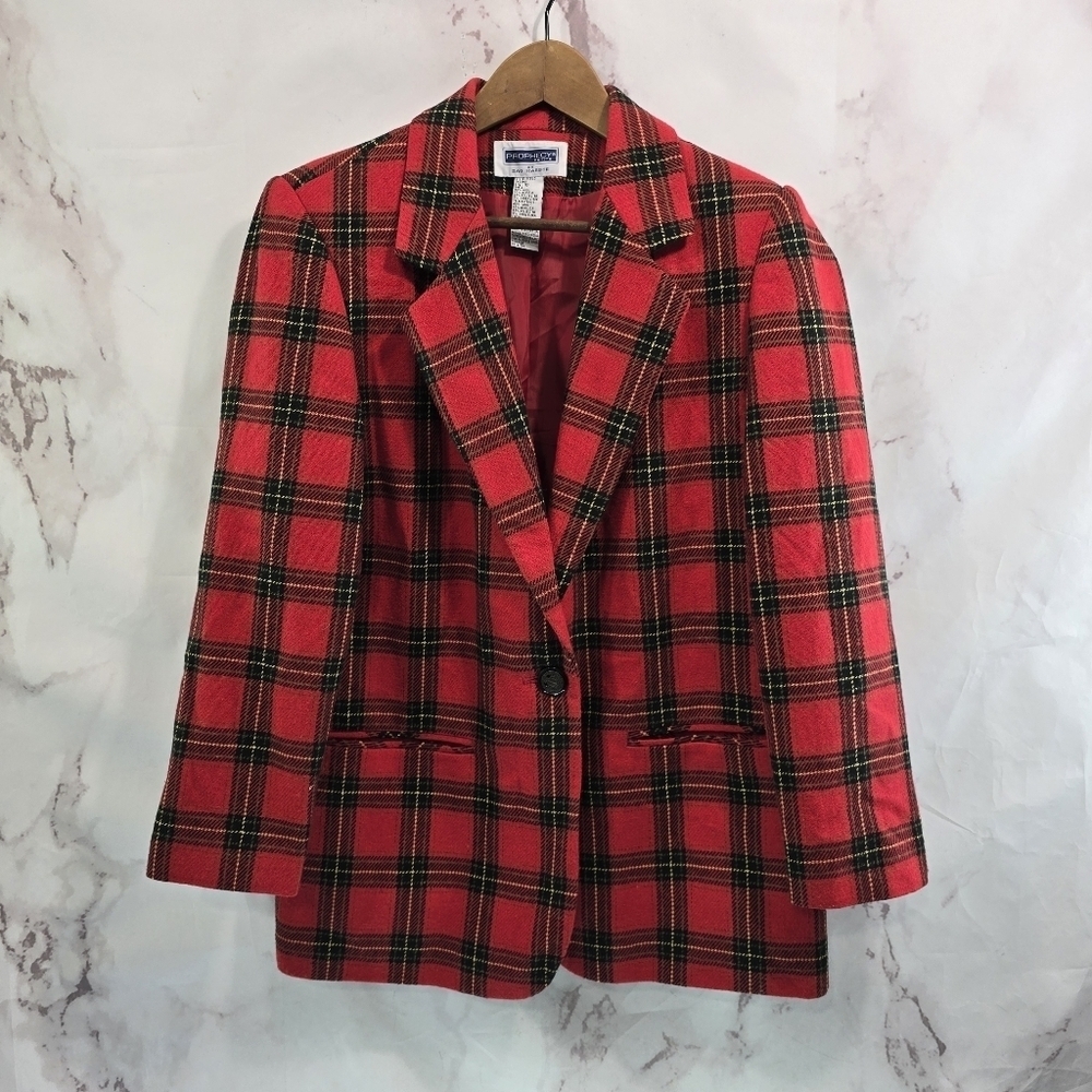 Vintage Blazer Womens Large Red Plaid 1 Button Wool Academia Scotch 90s Y2K 12